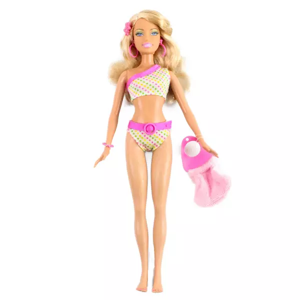 Barbie 2006 Beach Glam Platinum Blonde Doll Wide Flat Feet Satchel 
