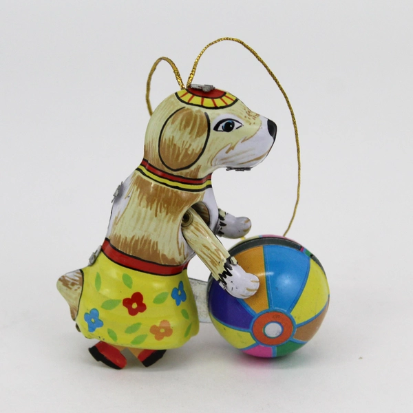 Vintage Tin Circus Dog Rolling A Ball Christmas Ornament China