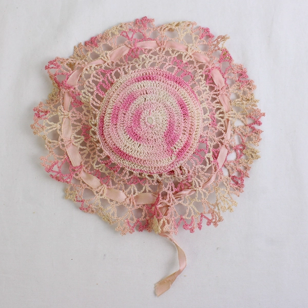 Vintage Hand-Crocheted Pink Sun Hat Doily Pin Cushion 7"