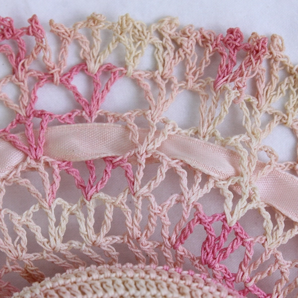 Vintage Hand-Crocheted Pink Sun Hat Doily Pin Cushion 7"