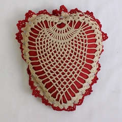 Vintage Hand Crocheted Red Heart Pin Cushion 7.5"