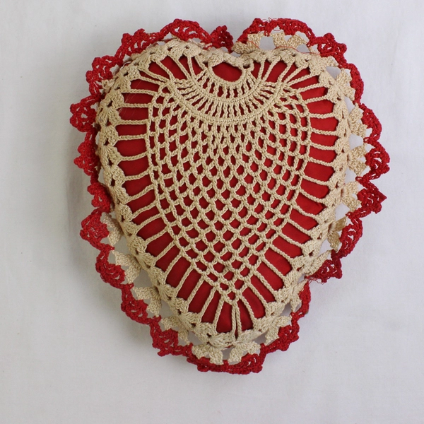 Vintage Hand Crocheted Red Heart Pin Cushion 7.5"