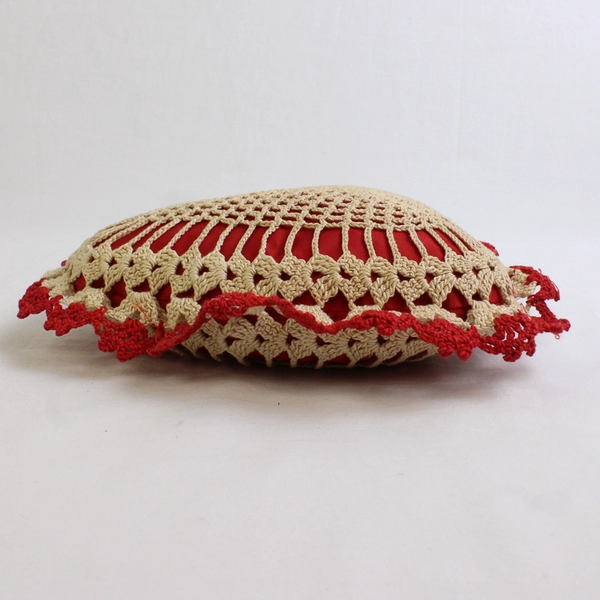 Vintage Hand Crocheted Red Heart Pin Cushion 7.5"