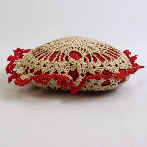 Vintage Hand Crocheted Red Heart Pin Cushion 7.5"