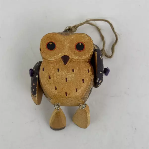 Hand Carved And Painted Wooden Owl Christmas Ornament w/ Moveable Wings And Feet
