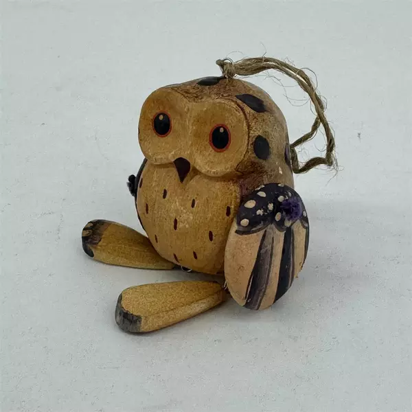 Hand Carved And Painted Wooden Owl Christmas Ornament w/ Moveable Wings And Feet