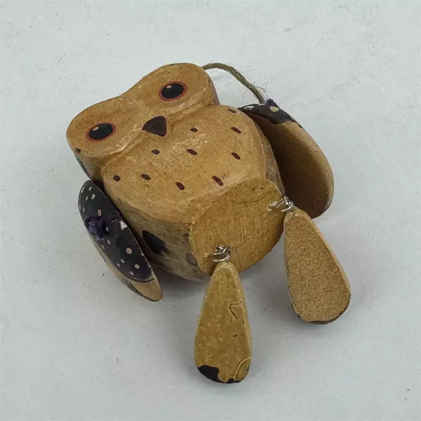 Hand Carved And Painted Wooden Owl Christmas Ornament w/ Moveable Wings And Feet