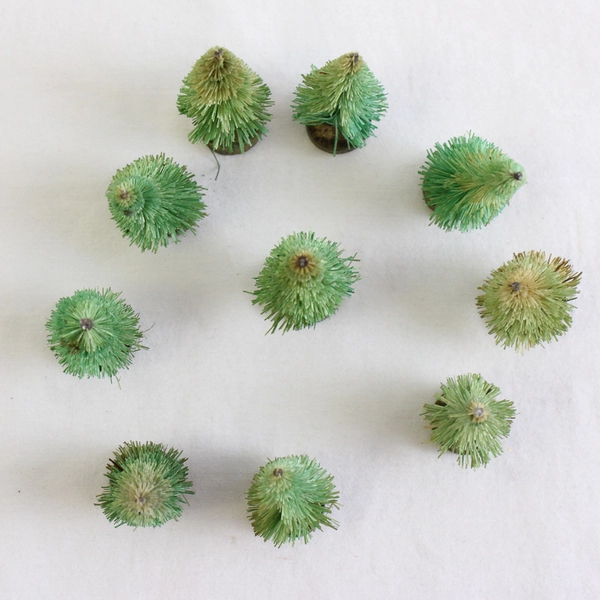 Lot of 10 Vintage Miniature Bottle Brush Trees in Green Tones