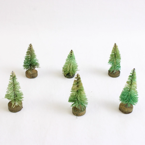 Lot of 10 Vintage Miniature Bottle Brush Trees in Green Tones