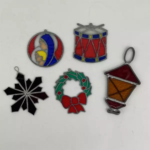 5 Vtg Stained Glass Christmas Ornaments Lantern Wreath Star Drum Madonna & Child