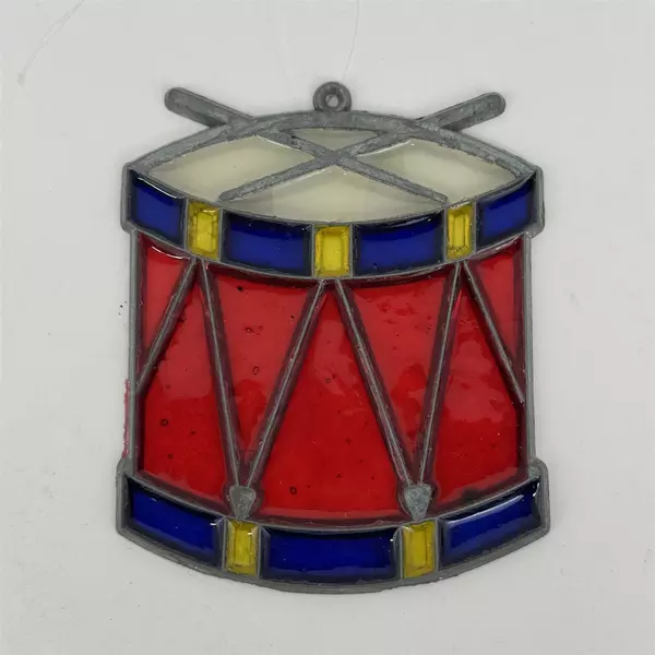 5 Vtg Stained Glass Christmas Ornaments Lantern Wreath Star Drum Madonna & Child