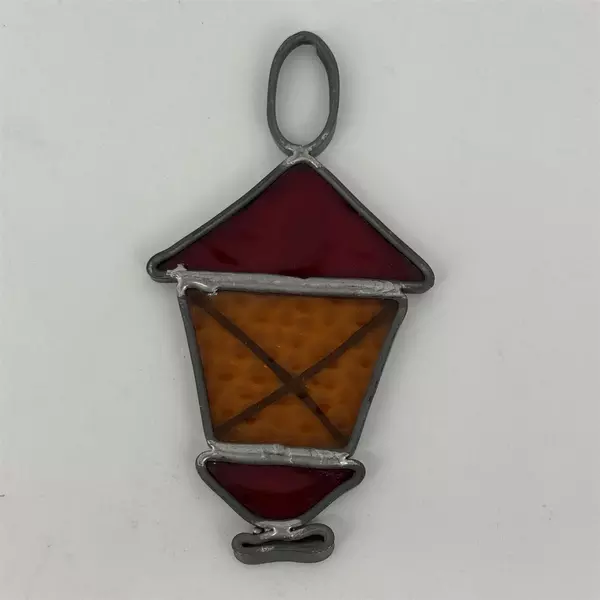 5 Vtg Stained Glass Christmas Ornaments Lantern Wreath Star Drum Madonna & Child