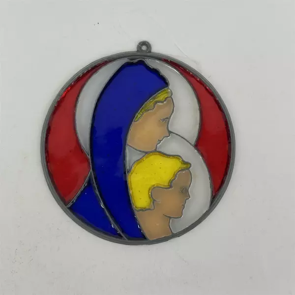 5 Vtg Stained Glass Christmas Ornaments Lantern Wreath Star Drum Madonna & Child