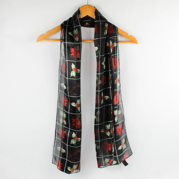 Sheer Silk Feel Christmas Poinsettia Holly Scarf 14" x 60"