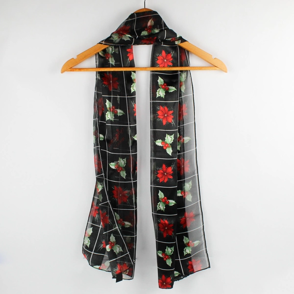 Sheer Silk Feel Christmas Poinsettia Holly Scarf 14" x 60"
