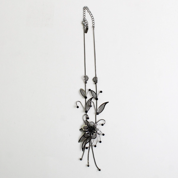 Black Mesh Flower Necklace with Rhinestones