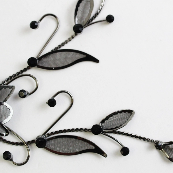 Black Mesh Flower Necklace with Rhinestones