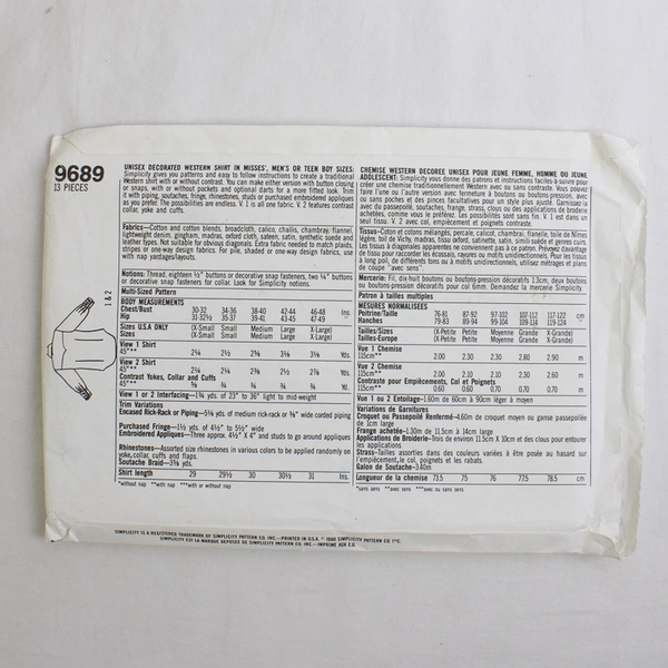 Simplicity 9689 Western/Cowboy Shirt Patterns Unisex Size A (All Sizes + Tall)