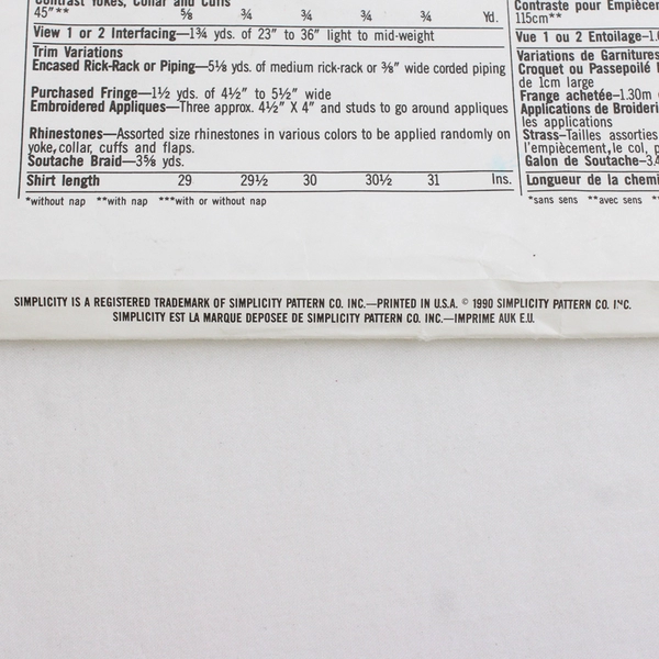 Simplicity 9689 Western/Cowboy Shirt Patterns Unisex Size A (All Sizes + Tall)