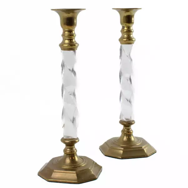 Set of 2 Vintage Brass & Clear Lucite Candle Holders 10" Mid-Century