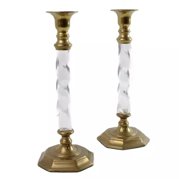 Set of 2 Vintage Brass & Clear Lucite Candle Holders 10" Mid-Century