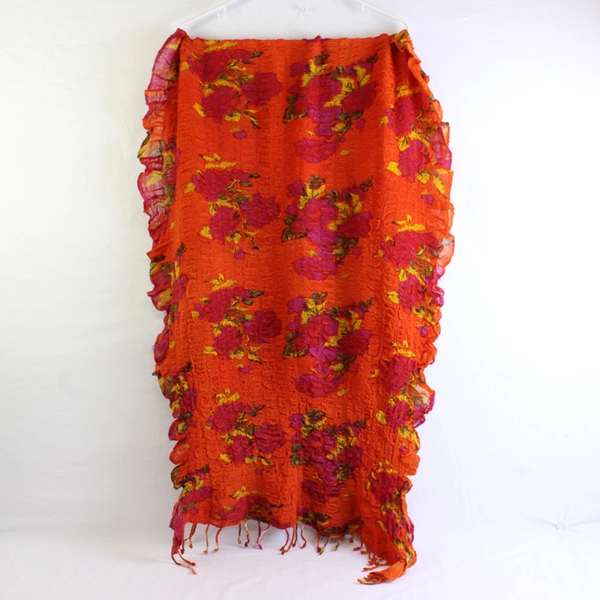 Unbranded Orange Stretchy Floral Shawl Wrap with Fringe and Ruffle Edges