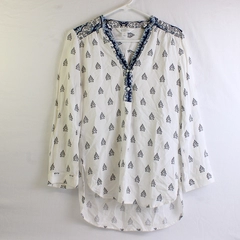 Market & Spruce Women's S White and Blue Roll Tab Sleeve Blouse