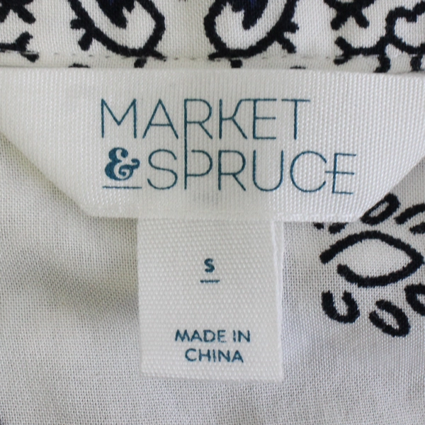 Market & Spruce Women's S White and Blue Roll Tab Sleeve Blouse