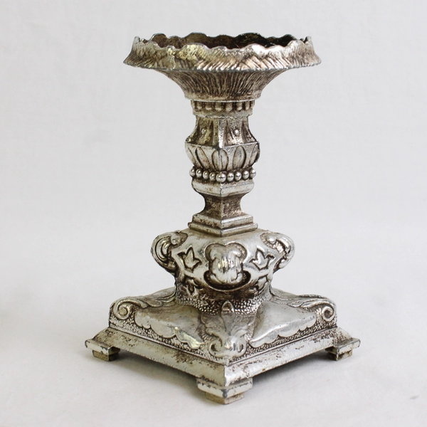 Set of 2 Ornate Silver-Tone Metal Taper Candlesticks 4"