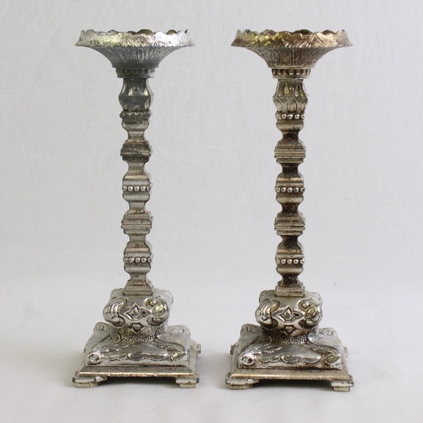 Set of 2 Ornate Silver-Tone Metal Taper Candlesticks 7"