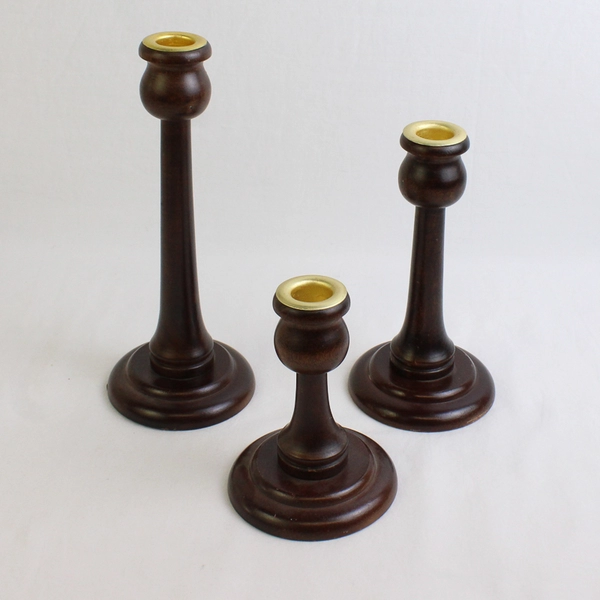 Set of 3 Brown Wooden Candlesticks Graduated Sizes 5" 7" & 9"
