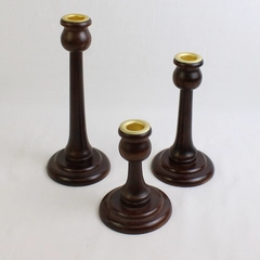 Set of 3 Brown Wooden Candlesticks Graduated Sizes 5" 7" & 9"