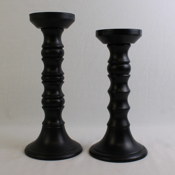 Set of 2 Matte Black Wooden Pillar Candle Holders 10" & 11.1"