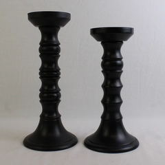 Set of 2 Matte Black Wooden Pillar Candle Holders 10" & 11.1"