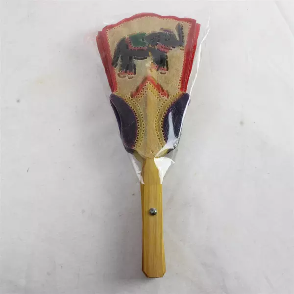 Leather Elephant Tribal Folding Hand Fan 8.5" Sealed New Without Tags