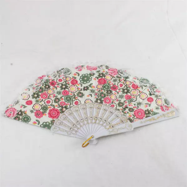 Lot of 4 Fabric Folding Hand Fans 9.25" 3 White Handles 1 Black Handle