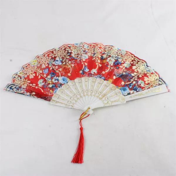 Lot of 4 Fabric Folding Hand Fans 9.25" 3 White Handles 1 Black Handle