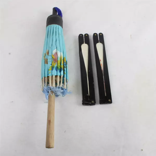 Lot of 2 Folding Hand Fans & Paper Parasol Vintage Decorative