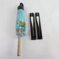 Lot of 2 Folding Hand Fans & Paper Parasol Vintage Decorative