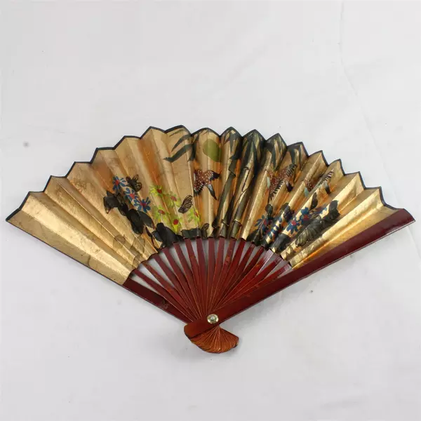 Lot of 2 Folding Hand Fans Wood Handles Paper Panels Vintage Pre-Owned