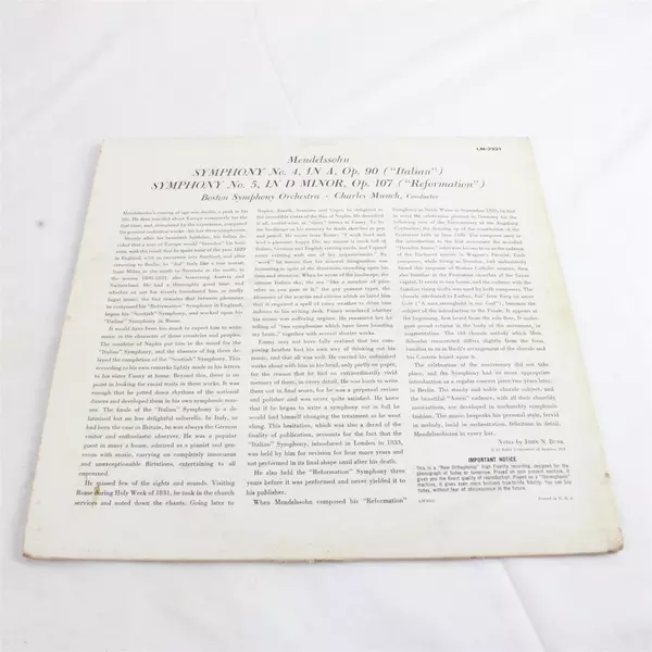 Munch Boston Mendelssohn Italian and Reformation Symphonies LP LM-2221 Mono (TO)