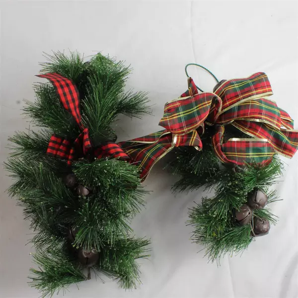 Christmas Garland with Plaid Ribbon & Bells 28" Mantel Wall Holiday Decor