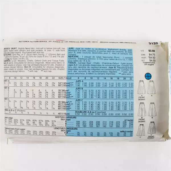 Lot of 2 Butterick 3132 & 4746 Misses Flared A-Line Skirt Patterns 12-18