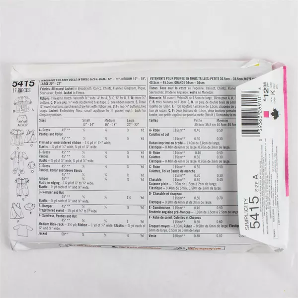 Lot of 3 Vintage Doll Clothes Patterns McCall's 6366 M4338 Simplicity 5415