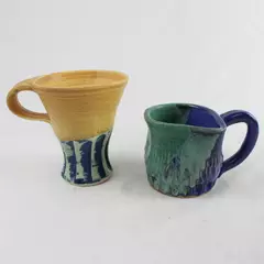 Lot of 2 Handmade Ceramic Coffee Mugs Yellow Blue & Blue Green 