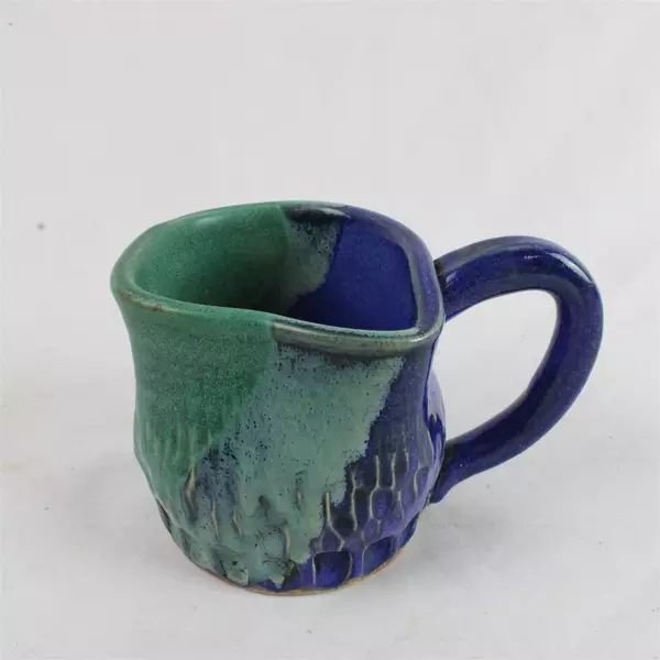 Lot of 2 Handmade Ceramic Coffee Mugs Yellow Blue & Blue Green 