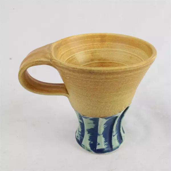 Lot of 2 Handmade Ceramic Coffee Mugs Yellow Blue & Blue Green 