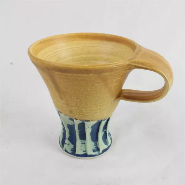 Lot of 2 Handmade Ceramic Coffee Mugs Yellow Blue & Blue Green 