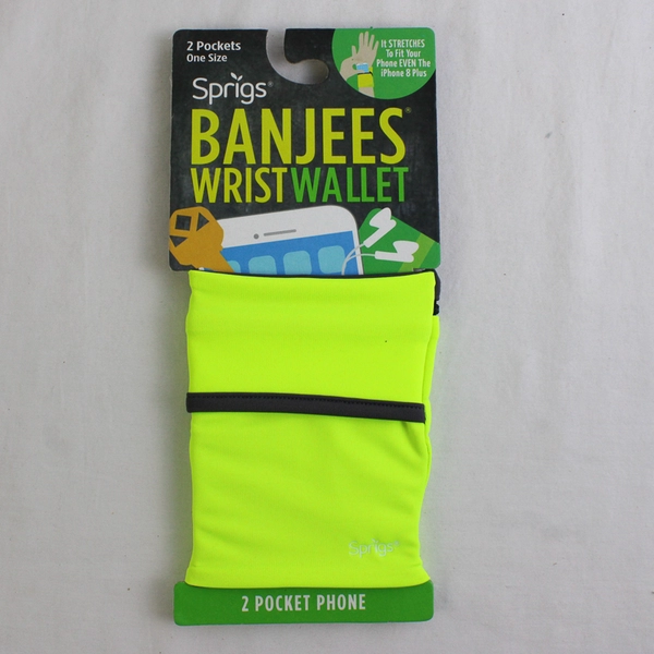 Sprigs Banjees Wrist Wallet 2 Pockets One Size Neon Yellow Running Zip