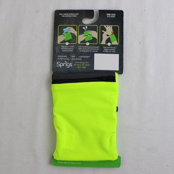 Sprigs Banjees Wrist Wallet 2 Pockets One Size Neon Yellow Running Zip